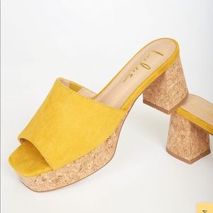 Lulus Yellow Suede and Cork Platform Heels